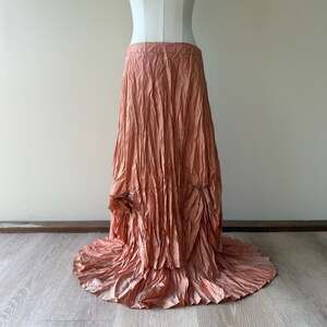 Vintage Orange Pink Crinkle Pleated Maxi Skirt with Rosette Pin